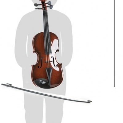 Violino castanho com arco sobre silhueta de criança cinzenta, com indicação de 49 cm