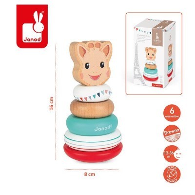 Brinquedo de empilhar Janod em madeira com girafa e anéis coloridos