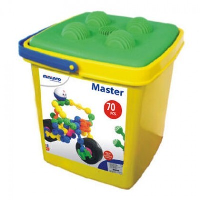 Balde amarelo com tampa verde e peças coloridas para construção de crianças.