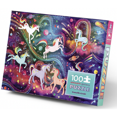 Caixa de puzzle com imagem de unicórnios no espaço colorido.