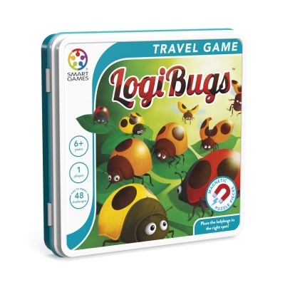 Embalagem de jogo de viagem LogiBugs com ilustração de joaninhas coloridas