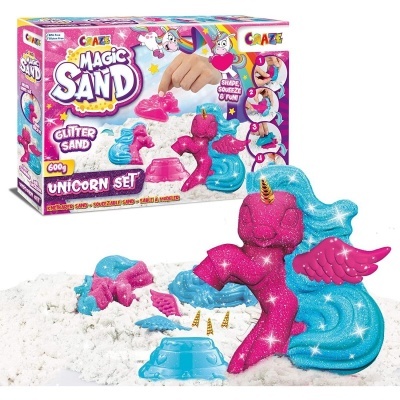 Conjunto Magic Sand Unicorn com areia branca e moldes de unicórnio rosa e azul