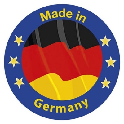 Selo 'Made in Germany' com bandeira da Alemanha e cinco estrelas amarelas