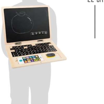 Brinquedo educativo em madeira com quadro negro e teclado colorido