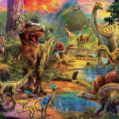 Vários dinossauros em ambiente natural pré-histórico colorido