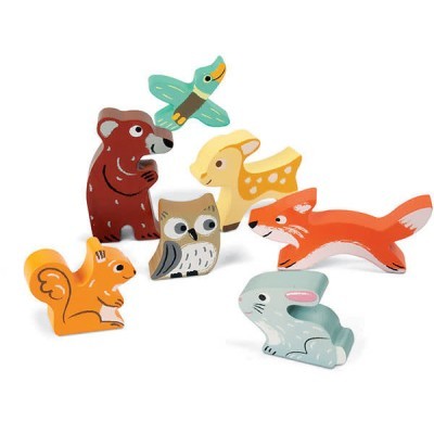 Conjunto de figuras de animais em madeira pintada colorida