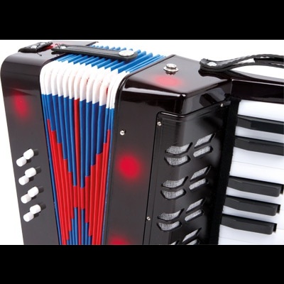 Acordeão preto com fole azul, branco e vermelho e teclado piano