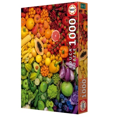 Caixa de quebra-cabeças de 1000 peças com imagem colorida de frutas e legumes organizados por cores.