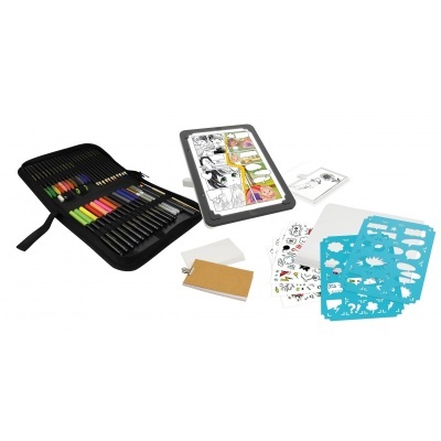 Conjunto para desenho de banda desenhada com lápis, canetas, tablet e stencils