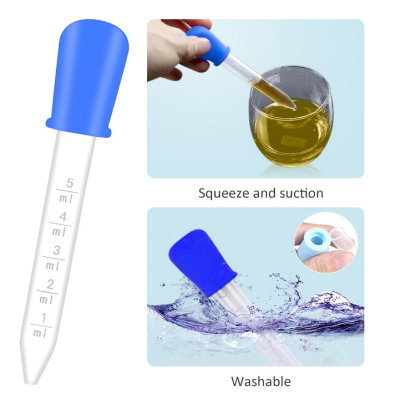 Pipeta de medição de plástico com ponta azul e instruções de uso.