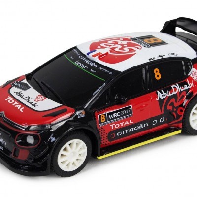 Miniatura de carro de corrida Citroën preto, vermelho e branco com inscrições e spoiler