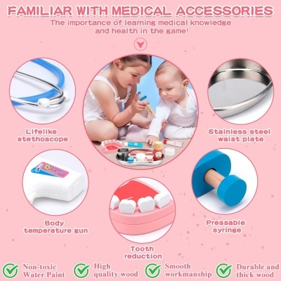Brinquedos acessórios médicos coloridos para crianças em madeira e plástico, em ambiente branco e rosa.