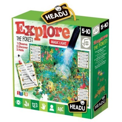 Caixa do jogo Explore THE FOREST da Headu com ilustrações da floresta e texto em várias cores