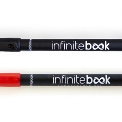 duas canetas Infinitebook, uma preta e uma vermelha, lado a lado, em fundo branco
