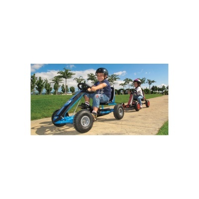 Duas crianças em carrinhos de pedal azul e vermelho numa pista ao ar livre