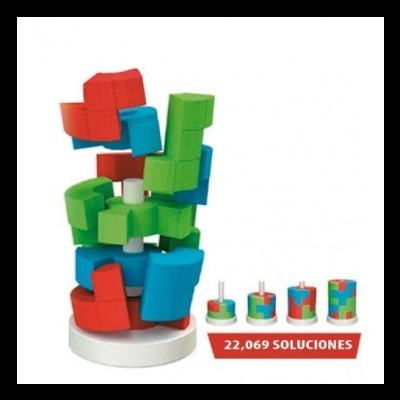 Quebra-cabeças 3D colorido montado numa base branca com quatro exemplos pequenos ao lado e texto 22,069 SOLUCIONES
