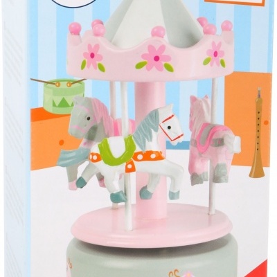 Caixa de música rosa com carrossel de cavalos e decoração floral.