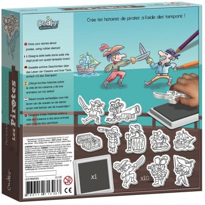 Embalagem de jogo de carimbos de piratas coloridos com instruções multilingues