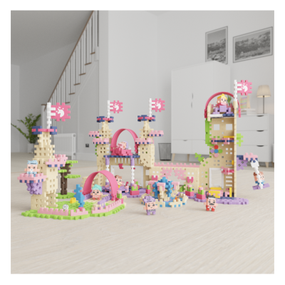 Castelo de brinquedo modular feito com blocos de construção coloridos com figuras de bonecos