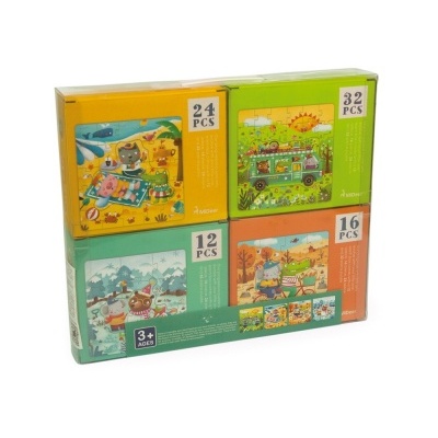 Quatro puzzles de papelão com desenhos de animais em cena, com indicação do número de peças e idade mínima.