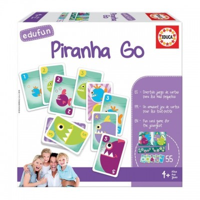 Caixa do jogo de cartas Piranha Go com cartas coloridas e números