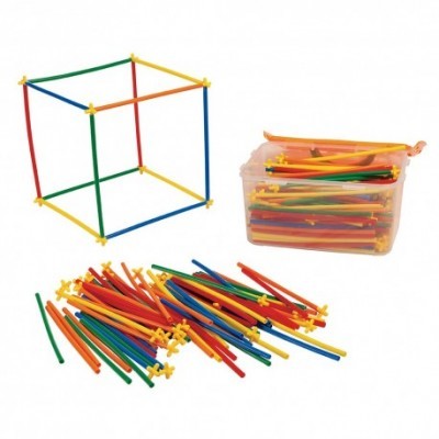 Kit de construção com hastes coloridas e conectores em caixa transparente