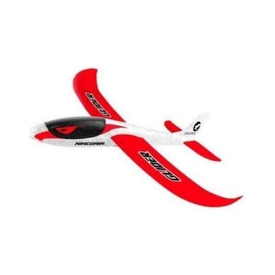 Avião planador de brinquedo vermelho, branco e preto com texto CLIMAX nas asas.