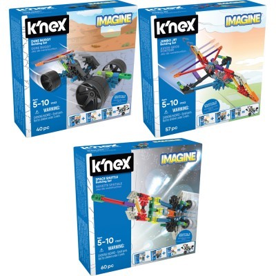 Três caixas de brinquedos K'nex Imagine com peças coloridas para construir veículos e modelos espaciais.