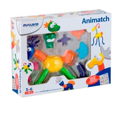 Caixa brinquedo educativo Animatch Miniland com peças coloridas para montagem