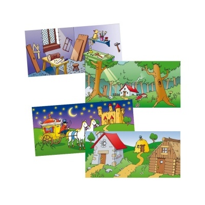 Quatro ilustrações coloridas de ambientes variados, incluindo oficina, floresta, carruagem e estrada rural.