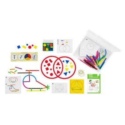 Conjunto educativo de frações com peças coloridas e cartas geométricas