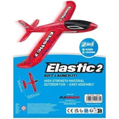 Plano brinquedo vermelho e preto Elastic 2 com embalagem azul e texto informativo