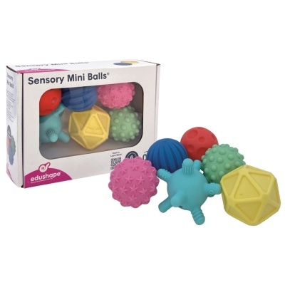 Conjunto de seis bolas sensoriais mini coloridas e texturizadas em caixa branca da edushape.