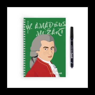 Caderno verde com imagem de Mozart e caneta preta