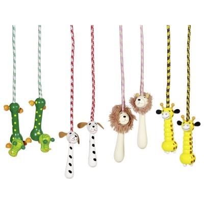 Conjunto de quatro cordas para pular infantis com alças coloridas e pedais de madeira em forma de animais