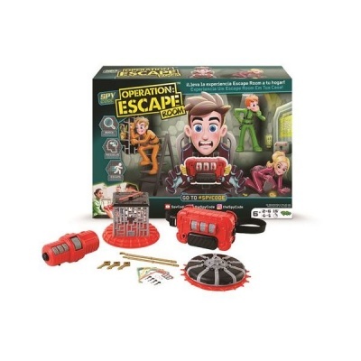 Jogo de escape room Operation Escape Room com peças vermelhas e cinzentas e embalagem com personagens