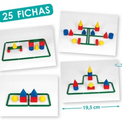 Conjunto de fichas geométricas coloridas com moldes verdes e indicação de 25 fichas e 19,5 cm