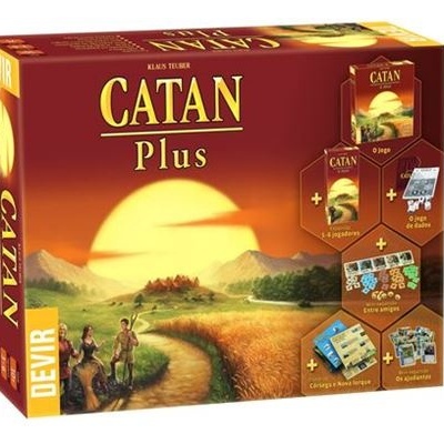 Caixa do jogo de tabuleiro CATAN Plus com ilustração de campo ao pôr do sol