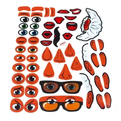 Adesivos de partes do rosto em várias cores sobre fundo branco
