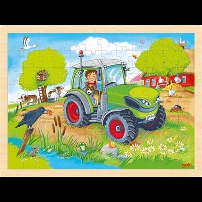 Puzzle infantil em madeira com ilustração de trator verde e animais numa quinta