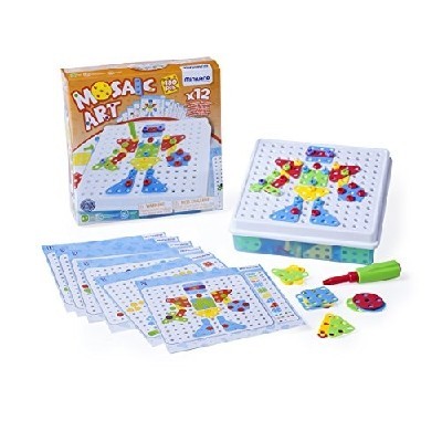 Jogo infantil Mosaic Art com tabuleiro perfurado e peças coloridas.