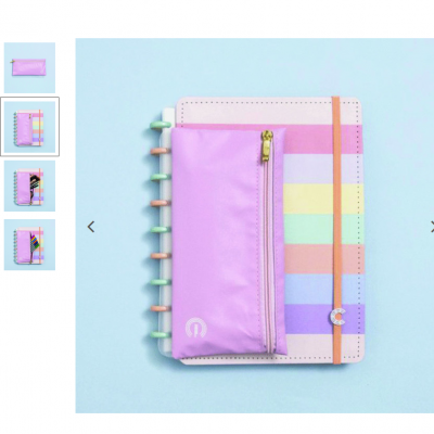 Caderno colorido com bolsa frontal rosa e argolas de cores pastel