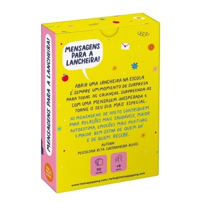 Caixa amarela de papelão com ilustrações coloridas e texto explicativo em português.