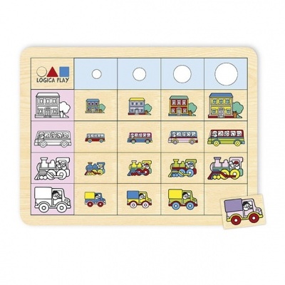 Quebra-cabeças de madeira com ilustrações de veículos e casas, peças para encaixar, marca LOGICA PLAY.