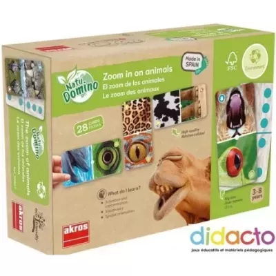 Caixa de jogo educativo Natu Domino com imagens de olhos e texturas de animais