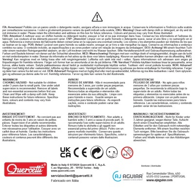 Etiqueta de segurança com avisos multilíngues e símbolos de reciclagem e proibição para crianças.