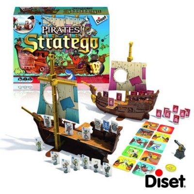 Jogo Pirates Stratego com navios de brinquedo, peças e cartas coloridas