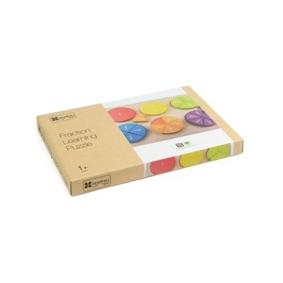 Puzzle educativo de frações em madeira colorida, embalagem castanha com texto