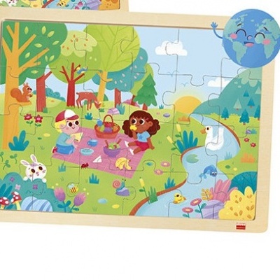 Puzzle infantil de madeira com imagem de piquenique colorido e crianças