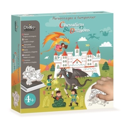 Caixa de carimbos com tema cavaleiros e dragões para crianças